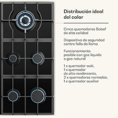 Placa de Gas KLARSTEIN Victoria 90 cm – 5 Quemadores – 11.100W – Acero Inoxidable